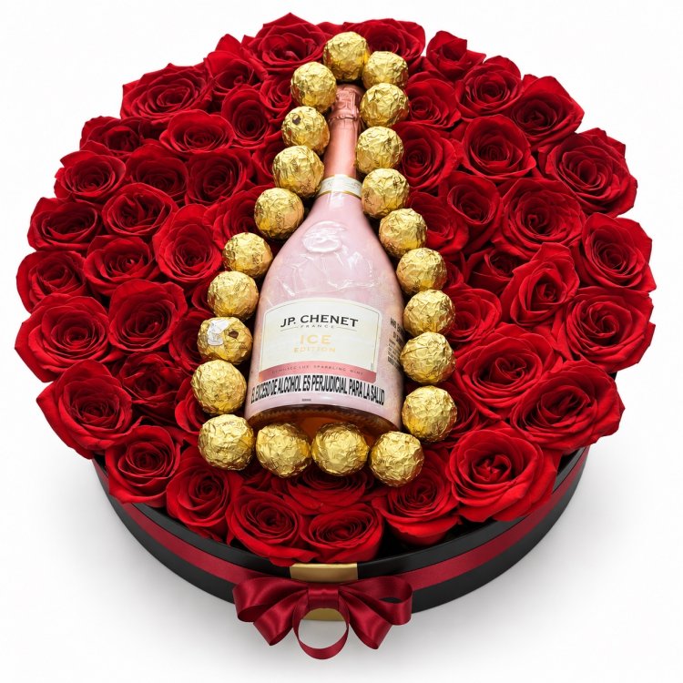 Caja Redonda con Rosas, Chocolates y Licor