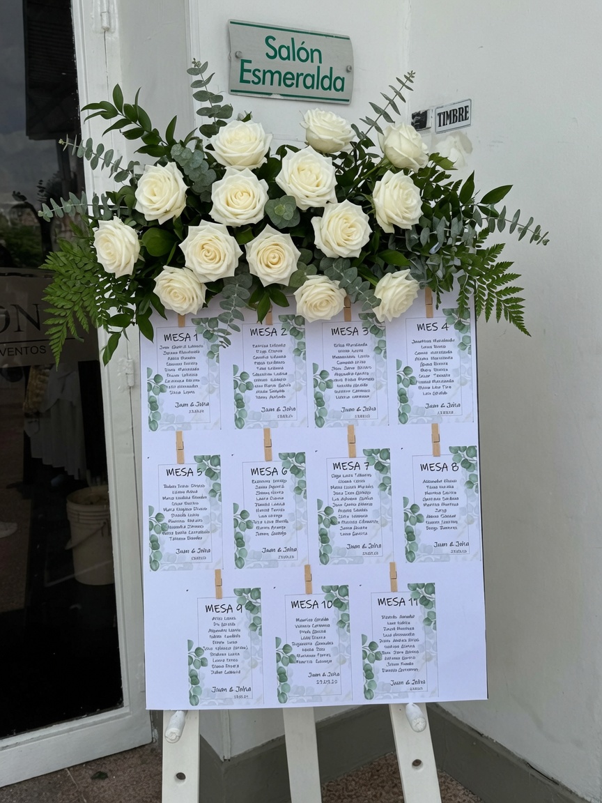 Plano de mesas del Sal&oacute;n Esmeralda decorado con rosas blancas para la recepci&oacute;n de boda