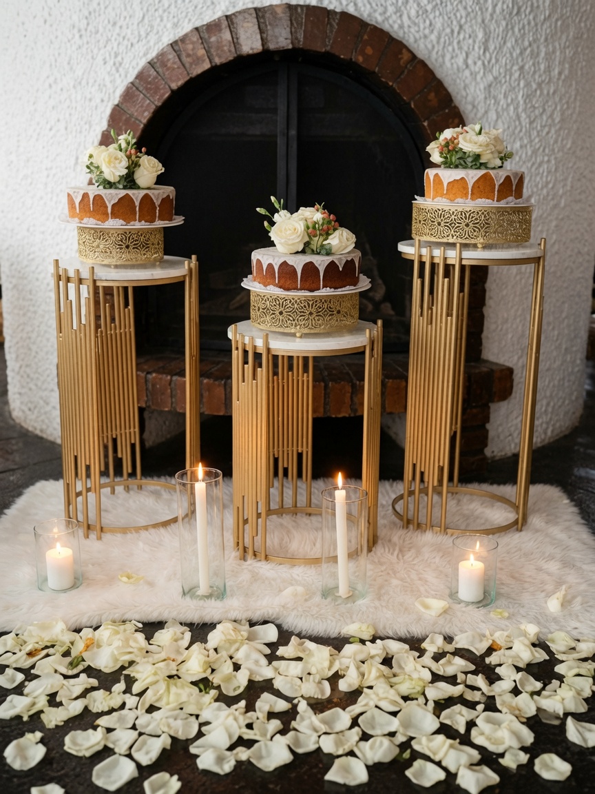 Mesa de tortas de boda decorada con rosas blancas sobre bases doradas