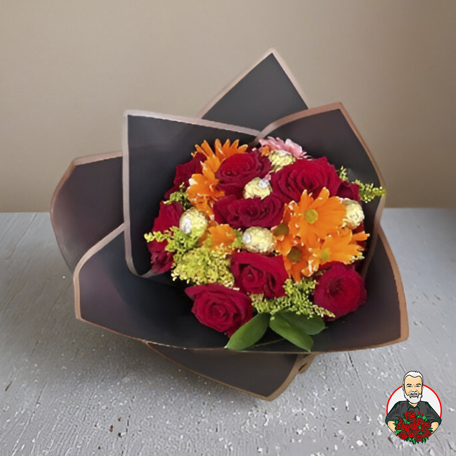 Bouquet con Rosas Rojas, Margaritas y Chocolates