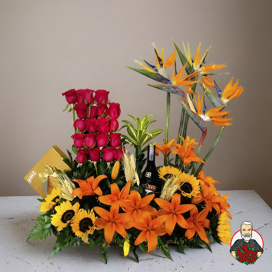 Dise&ntilde;o Floral Dos Torres con Rosas, Girasoles, Lirios, Baileys