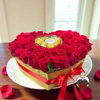 Coraz&oacute;n de Rosas Rojas con Coraz&oacute;n Ferrero
