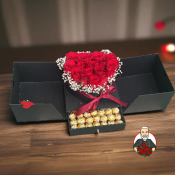Caja con coraz&oacute;n de rosas y caj&oacute;n para chocolates