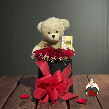 Caja Redonda con Rosas, Oso y Chocolates