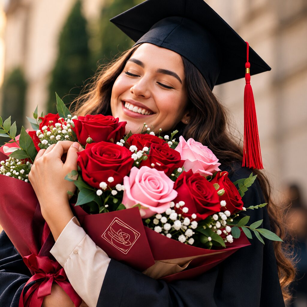 Graduada con toga y birrete abrazando un ramo de rosas rojas y rosadas de Rosas Don Diego